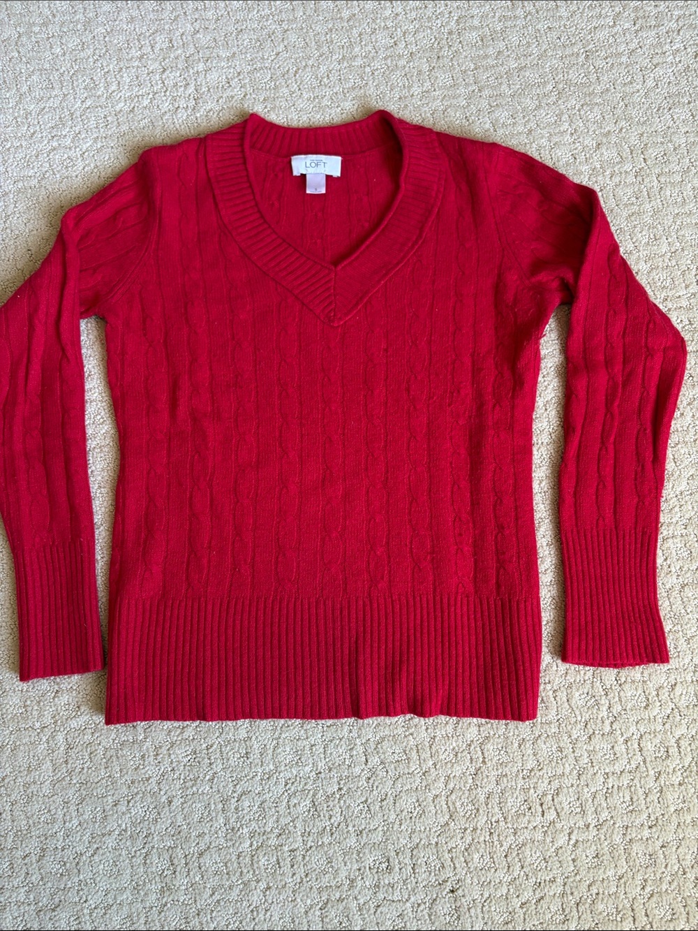 LOFT Red Cable-Knit V-Neck Sweater, size S